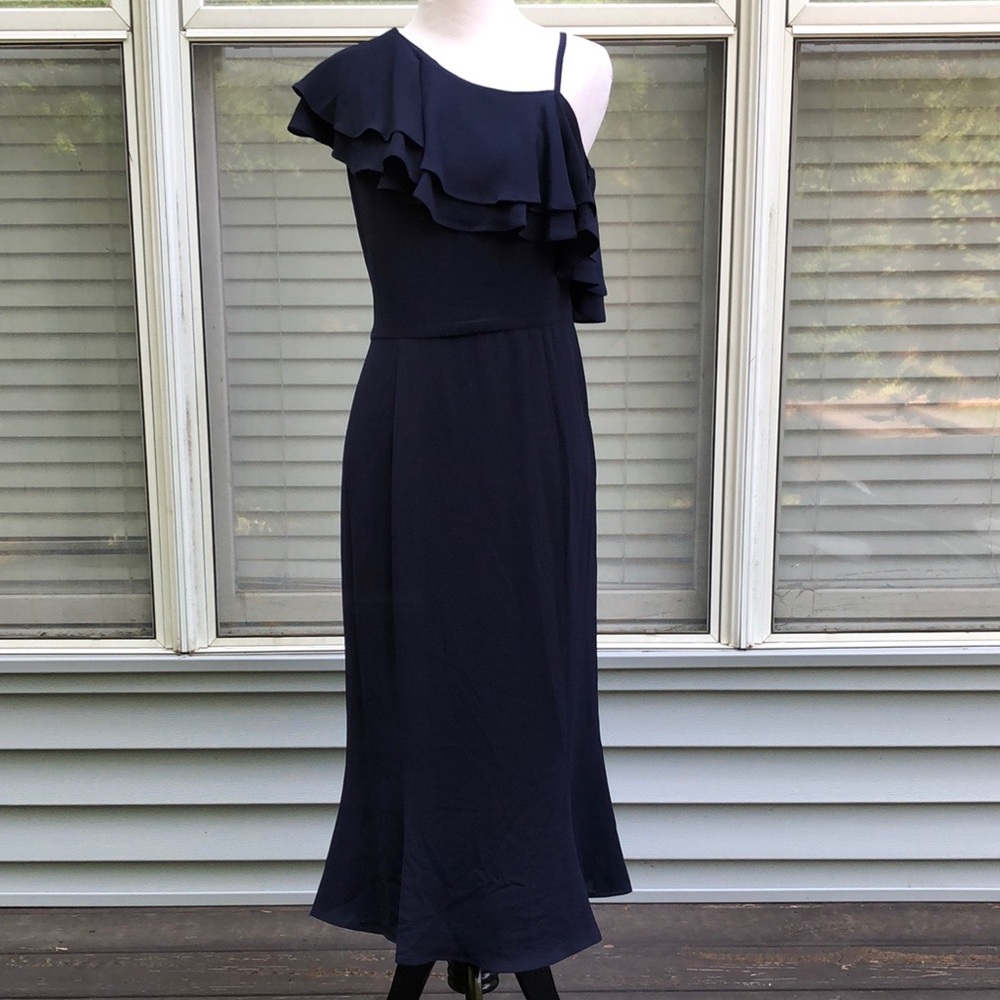 London Times Navy Blue One Shoulder Spaghetti Strap Ruffle Midi Dress size 10